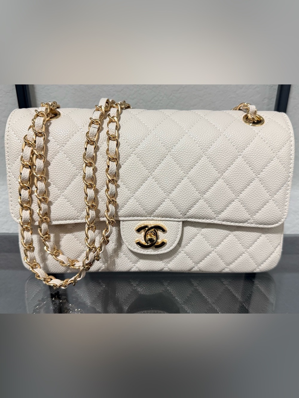Designer Inspired White Quilted Shoulder Bag with Gold Chain